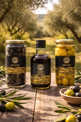 Özel Kutulu Hediyelik 3'lü Set (Zeytinyağ + Siyah Zeytin + Yeşil Zeytin)