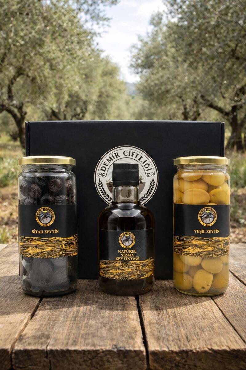 Özel Kutulu Hediyelik 3'lü Set (Zeytinyağ + Siyah Zeytin + Yeşil Zeytin) - 2